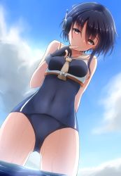 Rule 34 | 1girl, absurdres, arm behind back, artist name, asymmetrical hair, black hair, blue sky, blush, breasts, brown eyes, cloud, commentary request, covered navel, cowboy shot, dated, day, finger to mouth, framed breasts, gloves, gluteal fold, hair between eyes, headphones, highres, i-13 (kancolle), kantai collection, looking at viewer, looking down, medium breasts, nuka (nvkka), ocean, one-piece swimsuit, open mouth, outdoors, partially fingerless gloves, revision, sailor collar, school swimsuit, short hair, sidelocks, single glove, sky, solo, sparkle, standing, swimsuit, thighs, wading, wet