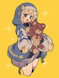 Rule 34 | 1boy, androgyne symbol, black gloves, blonde hair, blush, bridget (guilty gear), cuffs, fingerless gloves, gloves, green eyes, guilty gear, guilty gear strive, habit, handcuffs, highres, holding, holding stuffed toy, hood, hooded jacket, hoodie, itsuka neru, jacket, long sleeves, looking at viewer, male focus, medium hair, open clothes, open hoodie, open mouth, short hair, smile, solo, stuffed animal, stuffed toy, teddy bear, trap
