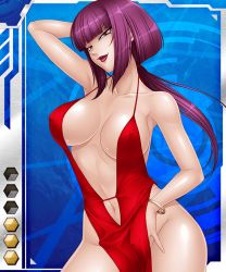 Rule 34 | 00s, arm behind back, bare legs, bare shoulders, bracelet, breasts, card (blue-hr), card (medium), cleavage, covered erect nipples, dress, evening gown, halter dress, halterneck, hand under clothes, hip focus, jewelry, kagami hirotaka, large breasts, lilith-soft, lips, lipstick, looking at viewer, makeup, navel, no bra, no panties, oboro (taimanin asagi), parted lips, pelvic curtain, ponytail, purple hair, red dress, red lips, revealing clothes, short hair, smile, standing, strap gap, tagme, taimanin (series), taimanin asagi, taimanin asagi battle arena all card gallery, taimanin asagi kessen arena