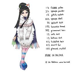Rule 34 | 1girl, alternate costume, black hair, closed mouth, coat, commentary, creatures (company), eyelashes, ffccll, game freak, grey eyes, hair bun, hair ornament, hair stick, ingredients, looking at viewer, nintendo, pantyhose, parted bangs, platform footwear, pokemon, pokemon xy, scarf, shirt, sidelocks, smile, solo, striped clothes, striped pantyhose, valerie (pokemon), white background