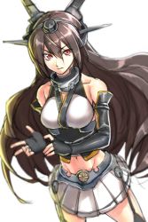 Rule 34 | 10s, 1girl, adjusting clothes, adjusting gloves, breasts, brown hair, female focus, fingerless gloves, garter straps, gloves, iwamoto eiri, kantai collection, long hair, looking at viewer, midriff, nagato (kancolle), navel, red eyes, skirt, solo, white background