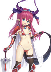 Rule 34 | 1girl, :d, armor, asymmetrical legwear, bikini armor, black socks, blue eyes, blush, cape, collarbone, commentary request, elizabeth bathory (brave) (fate), elizabeth bathory (fate), fang, fate/grand order, fate (series), flat chest, greaves, groin, hair between eyes, hand on hilt, heijialan, holding own tail, kneehighs, long hair, looking at viewer, loose bikini, mismatched legwear, navel, open mouth, pauldrons, pink hair, pointy ears, red armor, shoulder armor, simple background, single kneehigh, single sock, single thighhigh, smile, socks, solo, standing, sword, tail, thighhighs, two side up, very long hair, weapon, white background, white cape