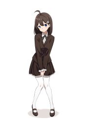 Rule 34 | 1girl, absurdres, ahoge, blue eyes, brown footwear, brown hair, brown jacket, brown skirt, frilled skirt, frilled sleeves, frills, full body, green ribbon, hair ornament, hairclip, highres, hod (project moon), jacket, library of ruina, long sleeves, looking at viewer, mary janes, medium hair, neck ribbon, pantyhose, project moon, ribbon, shoes, simple background, skirt, solo, white background, white pantyhose, zero0ex
