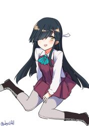 Rule 34 | 1girl, absurdres, aqua bow, aqua bowtie, black hair, boots, bow, bowtie, collared shirt, commentary request, cross-laced footwear, dress, dress shirt, grey pantyhose, hair over one eye, hayashimo (kancolle), highres, kantai collection, lace-up boots, long hair, one-hour drawing challenge, pantyhose, pleated dress, purple dress, ribbon, robinson (day l full), shirt, simple background, sitting, solo, wariza, white background, white ribbon, white shirt, yellow eyes