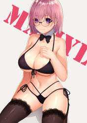 Rule 34 | 1girl, alternate costume, areola slip, bad id, bad pixiv id, bare arms, bare shoulders, bikini, black-framed eyewear, black bikini, black thighhighs, blush, bow, bowtie, breasts, character name, cleavage, closed mouth, detached collar, dhfz181, fate/grand order, fate (series), front-tie bikini top, front-tie top, glasses, grey background, hair between eyes, hair over one eye, hand on own chest, highres, lace, lace-trimmed legwear, lace trim, large breasts, looking at viewer, mash kyrielight, navel, pink hair, purple eyes, purple hair, shiny skin, short hair, side-tie bikini bottom, simple background, sitting, smile, solo, stomach, swimsuit, tareme, thighhighs, underboob