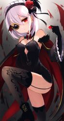 Rule 34 | 1girl, absurdres, black cape, black dress, black footwear, black gloves, black thighhighs, breasts, cape, cleavage, detached sleeves, dress, eyepatch, flower, frilled sleeves, frills, gloves, hair flower, hair ornament, highres, izumi kanagi, izumi kanagi (vampire ver.), magia record: mahou shoujo madoka magica gaiden, mahou shoujo madoka magica, maid headdress, medium breasts, official alternate costume, okomeillust, red cape, red eyes, red flower, red rose, rose, solo, thighhighs, two-tone cape, white hair, wide sleeves