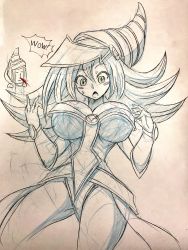 Rule 34 | 1boy, 1girl, artist request, bare legs, bare shoulders, breasts, choker, dark magician, dark magician girl, duel monster, hat, highres, large breasts, long hair, magical girl, monochrome, scan, sweat, traditional media, wizard hat, yu-gi-oh!
