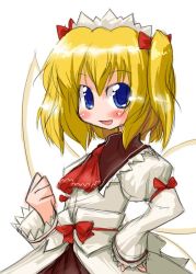Rule 34 | 1girl, ascot, blonde hair, blue eyes, blush, eastern and little nature deity, fairy wings, female focus, headband, long sleeves, looking at viewer, open mouth, short hair, simple background, skirt, solo, sunny milk, tao, tao (kadoya), touhou, touhou sangetsusei, white background, wings