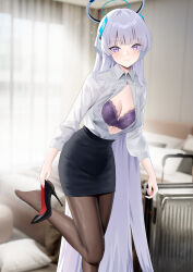 Rule 34 | 1girl, bedroom, blue archive, blurry, blurry background, bra, breasts, brown pantyhose, cirilla lin, closed mouth, halo, headgear, highres, holding, holding shoes, medium breasts, noa (blue archive), open clothes, open shirt, pantyhose, pencil skirt, purple bra, purple eyes, shoes, skirt, smile, solo, suitcase, underwear, white hair