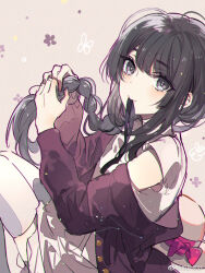 Rule 34 | 1girl, black eyes, black hair, black ribbon, blunt bangs, bow, braiding hair, closed mouth, dress, feet out of frame, flower (symbol), from side, hair over shoulder, hairdressing, hat, hat bow, heroine (lovebrush chronicles), jacket, knees up, light blush, long hair, long sleeves, looking to the side, lovebrush chronicles, mouth hold, nevakuma (fanfanas), off shoulder, pink background, red jacket, ribbon, ribbon in mouth, sleeveless, sleeveless dress, smile, sun hat, thighhighs, unworn hat, unworn headwear, weibo logo, weibo watermark, white dress, white thighhighs