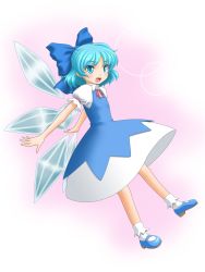 Rule 34 | 1girl, blue eyes, blue hair, bow, cirno, detached wings, hair bow, highres, ice, ice wings, mary janes, matching hair/eyes, open mouth, puffy sleeves, shoes, short hair, short sleeves, solo, t2r, touhou, wings