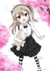 Rule 34 | 10s, 1girl, bandages, black bow, black bowtie, black pantyhose, black ribbon, black skirt, blurry, blurry foreground, boko (girls und panzer), bow, bowtie, brown eyes, casual, cherry blossoms, collared shirt, commentary, depth of field, girls und panzer, hair ribbon, high-waist skirt, holding, layered skirt, light brown hair, long hair, long sleeves, looking at viewer, medium skirt, one-hour drawing challenge, open mouth, pantyhose, ribbon, scar, shibagami, shimada arisu, shirt, side ponytail, simple background, skirt, smile, solo, standing, striped clothes, striped pantyhose, stuffed animal, stuffed toy, suspender skirt, suspenders, teddy bear, tree, twitter username, white background, white shirt