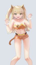 Rule 34 | 1girl, :d, animal ears, bare legs, bare shoulders, bell, blonde hair, claw pose, crop top, extra ears, green eyes, hands up, happy, highres, idolmaster, idolmaster cinderella girls, jougasaki rika, leaning forward, legs, legs apart, lion ears, lion girl, lion tail, long hair, looking at viewer, midriff, miniskirt, navel, open mouth, orange skirt, pepeo, simple background, skirt, sleeveless, smile, solo, standing, stomach, tail, teeth, thighs, two side up, upper teeth only, very long hair