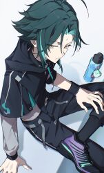 Rule 34 | 1boy, absurdres, ahoge, arm support, black hoodie, black pants, bottle, bracelet, commentary request, cropped hoodie, crossed legs, facial mark, foot out of frame, forehead mark, genshin impact, glaring, green hair, grey background, grey shirt, highres, hood, hoodie, jewelry, looking at viewer, male focus, pants, parted bangs, purple footwear, shirt, shoes, short hair, sidelocks, simple background, sitting, sleeve rolled up, sneakers, solo, water bottle, wato samirika, xiao (genshin impact), xiao (suibian) (genshin impact), yellow eyes