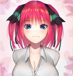 Rule 34 | 1girl, absurdres, black ribbon, blue eyes, blush, breasts, bug, butterfly, cleavage, collarbone, commentary request, dot nose, face, gatchan, go-toubun no hanayome, hair ornament, hair ribbon, highres, insect, large breasts, looking at viewer, medium hair, nakano nino, pink hair, ribbon, shirt, smile, solo, uniform, white shirt