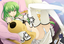 Rule 34 | 00s, 1girl, breasts, c.c., cheese-kun, code geass, detached sleeves, eating, food, green hair, lingerie, long hair, looking at viewer, lying, navel, on back, panties, pizza, pizza hut, saipaco, small breasts, solo, thighhighs, underwear, very long hair, white panties, white thighhighs, yellow eyes