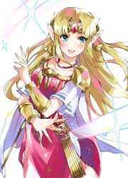 Rule 34 | 1girl, :d, armor, blonde hair, blue eyes, blush, bracer, commentary request, dress, feet out of frame, forehead jewel, gem, hand up, highres, jewelry, long dress, long hair, looking at viewer, marcey, necklace, nintendo, open mouth, parted bangs, pauldrons, pearl necklace, pointy ears, princess zelda, red gemstone, short sleeves, shoulder armor, smile, solo, sparkle background, straight hair, tabard, the legend of zelda, the legend of zelda: a link between worlds, triforce earrings, white background, white dress