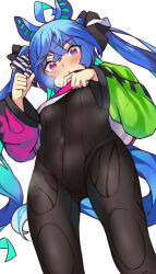 Rule 34 | 1girl, absurdres, ahoge, animal ears, black bodysuit, blue hair, blush, bodysuit, clothes lift, from below, gradient eyes, hair between eyes, highres, hood, hood down, hoodie, hoodie lift, horse ears, horse girl, horse tail, looking at viewer, multicolored clothes, multicolored eyes, open mouth, pirukusu, simple background, solo, sweat, tail, twin turbo (umamusume), twintails, umamusume, white background