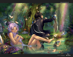 Rule 34 | 1boy, 1girl, barefoot, bird, black hair, blush, cape, clothed male nude female, unworn clothes, closed eyes, forest, highres, kawacy, crossed legs, light rays, long hair, nature, nude, original, outdoors, partially submerged, pond, purple eyes, purple hair, rainbow, short hair, sitting, smile, sunbeam, sunlight, sword, tree, water, weapon