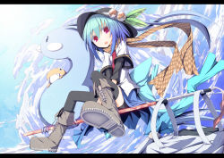 Rule 34 | 1girl, altaria, bell, bird, black thighhighs, blue hair, boots, bow, cloud, creatures (company), female focus, game freak, gen 3 pokemon, hat, hat ribbon, hinanawi tenshi, ichiyan, letterboxed, necktie, nintendo, open mouth, pokemon, pokemon (creature), red eyes, ribbon, scarf, shirt, short hair, shorts, shorts under skirt, skirt, sword of hisou, thighhighs, touhou, v arms