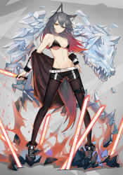 Rule 34 | 1girl, absurdres, animal ears, arknights, black bra, black hair, black pantyhose, black shorts, boots, bra, brown eyes, clothes pull, commentary request, expressionless, full body, grey hair, hair between eyes, highres, holding, holding sword, holding weapon, huijin zhi ling, jacket, jacket pull, long hair, navel, pantyhose, pantyhose under shorts, shorts, solo, standing, sword, tail, texas (arknights), underwear, weapon, white jacket, wolf ears, wolf tail