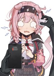 Rule 34 | 1girl, absurdres, animal ears, arknights, charger, charging device, dog ears, goldenglow (arknights), hairband, highres, jacket, phone, pink hair, pink jacket, scared, shoujo l, tag