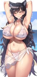 Rule 34 | 1girl, animal ears, areola slip, armpits, arms up, atago (azur lane), atago (summer march) (azur lane), azur lane, bikini, black hair, blush, breasts, cleavage, commission, cowboy shot, dog ears, highres, huge breasts, large areolae, long hair, looking at viewer, navel, official alternate costume, parted lips, skeb commission, smile, solo, stomach, swimsuit, thighs, underboob, white bikini, yellow eyes, yoohi
