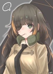 Rule 34 | 1girl, absurdres, alternate hairstyle, black hair, blunt bangs, breasts, brown hair, closed mouth, eyepatch, girls&#039; frontline, green eyes, headphones, highres, hiromaster sinta jh, long hair, looking at viewer, m16a1 (girls&#039; frontline), medium breasts, multicolored hair, necktie, orange hair, portrait, scar, shirt, side ponytail, solo, speech bubble, streaked hair, twintails, two side up, upper body