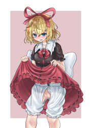 Rule 34 | 1girl, absurdres, black shirt, blonde hair, bloomers, blue eyes, border, bow, censored, clothes lift, commission, embarrassed, hair ornament, highres, lifting own clothes, medicine melancholy, pink background, pussy, red bow, red skirt, shirt, short sleeves, skeb commission, skirt, skirt lift, solo, touhou, tsubakipan, underwear, white bloomers, white border