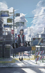 Rule 34 | 1girl, absurdres, animal ear fluff, animal ears, black cat, black footwear, black hair, black jacket, black ribbon, black sailor collar, black skirt, blue sky, bob cut, box, breasts, building, cardboard box, cat, cat ears, chain-link fence, city, cloud, cloudy sky, day, fang, fence, highres, holding, holding case, jacket, long sleeves, neck ribbon, open mouth, original, outdoors, overgrown, paper, pigeon-toed, pleated skirt, red eyes, ribbon, road sign, rotarran, rust, sailor collar, scenery, shadow, short hair, sign, signpost, skirt, sky, small breasts, socks, solo, standing, stop sign, white socks