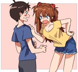 Rule 34 | 1boy, 1girl, artist request, bare legs, black hair, blue eyes, breasts, casual, denim, denim shorts, embarrassed, eye contact, face-to-face, hair between eyes, hair ornament, highres, ikari shinji, long hair, looking at another, medium breasts, neck ribbon, neon genesis evangelion, open mouth, orange hair, portrait, red ribbon, ribbon, shirt, short hair, shorts, souryuu asuka langley, two side up, upper body, very long hair