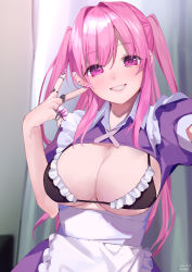 Rule 34 | 1girl, absurdres, apron, bikini, black bikini, breastless clothes, breasts, claw ring, commentary request, curtains, dated, dress, ear piercing, fingernails, frilled bikini, frills, hair intakes, heart, highres, indoors, jewelry, long fingernails, long hair, looking at viewer, maid, maid bikini, nail polish, original, outstretched arm, piercing, pink nails, puffy short sleeves, puffy sleeves, purple dress, purple eyes, purple hair, ring, selfie, shiromonefu, short sleeves, sidelocks, signature, solo, swimsuit, two side up, unconventional maid, upper body, v, very long hair, white apron