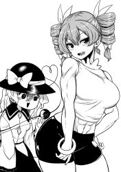 Rule 34 | 2girls, abs, absurdres, bare shoulders, biceps, bike shorts, blouse, braid, breasts, earrings, empty eyes, greyscale, hair between eyes, hat, height difference, highres, himajin noizu, jewelry, komeiji koishi, long sleeves, looking at another, looking at viewer, medium hair, midriff, monochrome, multiple girls, muscular, muscular female, navel, shirt, simple background, sitting, skirt, sleeveless, sleeveless shirt, smile, stomach, touhou, twin braids, white background, wide sleeves, yorigami jo&#039;on