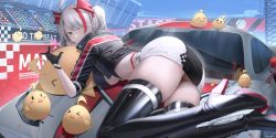Rule 34 | 1girl, absurdres, azur lane, black footwear, black gloves, black jacket, black skirt, boots, breasts, car, cleavage, cropped jacket, full body, gloves, grey hair, hair ornament, high heel boots, high heels, highres, jacket, jeze, large breasts, legs, legs together, light blush, long hair, long legs, looking at viewer, lying, manjuu (azur lane), miniskirt, motor vehicle, official alternate costume, on stomach, pout, prinz eugen (azur lane), prinz eugen (final lap) (azur lane), race queen, race vehicle, racecar, racing, skirt, thigh boots, thighhighs, twintails, two-tone skirt, underboob, white skirt, yellow eyes