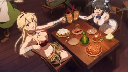 &gt;_&lt; 2girls :d bare_shoulders bikini black_hair blonde_hair blue_eyes blue_ribbon blush_stickers breasts chicken_(food) cleavage cleavage_cutout clothing_cutout cosplay crossover cup dress drinking_glass dungeon_ni_deai_wo_motomeru_no_wa_machigatteiru_darou_ka elbow_gloves food food_request game_cg gloves hestia_(danmachi) holding holding_cup indoors kohagura_ellen large_breasts long_hair multiple_girls navel official_art on_chair open_mouth pasta plate red_bikini ribbon sitting smile spaghetti stomach swimsuit table tione_hyryute tione_hyryute_(cosplay) toasting_(gesture) toji_no_miko toji_no_miko:_kizamishi_issen_no_tomoshibi twintails white_dress white_gloves wooden_cup