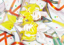 Rule 34 | 1boy, 1girl, anniversary, blonde hair, bow, brother and sister, closed eyes, confetti, detached sleeves, grin, hair bow, hair ornament, hairclip, happy, happy birthday, headphones, headset, highres, kagamine len, kagamine rin, lying, neckerchief, necktie, on back, open mouth, pale skin, rotational symmetry, sailor collar, shimeji (user fkzg7225), short ponytail, siblings, smile, twins, vocaloid, white bow, yellow neckerchief, yellow necktie