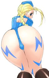 Rule 34 | 1990s (style), 1girl, all fours, ass, bent over, blonde hair, blue eyes, blue leotard, braid, cammy white, capcom, from behind, garrison cap, hat, jinroku, leotard, long hair, solo, street fighter, street fighter zero (series)