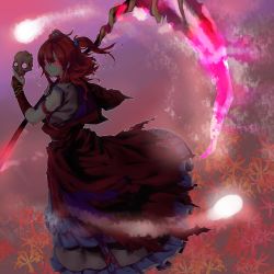 Rule 34 | 1girl, absurdres, armband, bad id, bad pixiv id, dress, flower, glowing, glowing eyes, hair bobbles, hair ornament, highres, holding, looking at viewer, looking back, mappe (778exceed), onozuka komachi, red eyes, red flower, red hair, scythe, shinigami, skull, smile, solo, spider lily, torn clothes, torn dress, touhou, two side up