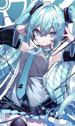 Rule 34 | 1girl, absurdres, aqua eyes, aqua hair, aqua nails, armpits, arms up, bare shoulders, black sleeves, breasts, collared shirt, cowboy shot, detached sleeves, expressionless, grey shirt, hair between eyes, hatsune miku, headphones, headset, highres, long hair, looking at viewer, miniskirt, necktie, parted lips, pleated skirt, shirt, skirt, sleeveless, sleeveless shirt, small breasts, solo, thighhighs, twintails, very long hair, vocaloid, yamanasi mikage, zettai ryouiki