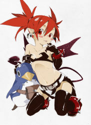 Rule 34 | 1girl, :p, bad id, bad pixiv id, bat wings, belt, black thighhighs, blush, blush stickers, demon girl, demon tail, disgaea, earrings, elbow gloves, etna (disgaea), flat chest, gloves, jewelry, la-do, navel, oguro (moyashi 2-hon), pointy ears, prinny, red eyes, red hair, solo, tail, thighhighs, tongue, tongue out, wings
