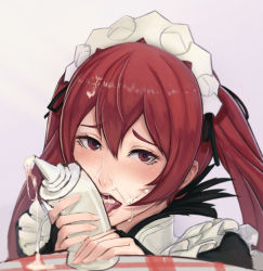 Rule 34 | 1boy, 1girl, blush, bridal gauntlets, censored, cum, eyebrows, facial, fellatio, fire emblem, fire emblem awakening, fire emblem fates, hair ribbon, headdress, hetero, icing, licking, long hair, looking at viewer, maid, maid headdress, nintendo, open mouth, oral, red eyes, red hair, ribbon, selena (fire emblem fates), severa (fire emblem), sexually suggestive, simple background, simulated fellatio, solo focus, suggestive fluid, tongue, tongue out, twintails, unsomnus