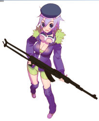 Rule 34 | 1girl, black eyes, breasts, cleavage, goggles, goggles around neck, gun, hat, large breasts, open mouth, original, purple hair, rifle, simple background, solo, teeth, tensugi takashi, weapon, white background