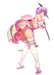Rule 34 | 1girl, ass, ayane (doa), closed mouth, dead or alive, destiny child, dual wielding, full body, headband, holding, holding sword, holding weapon, kim hyung tae, looking at viewer, official art, over-kneehighs, purple hair, red eyes, reverse grip, sandals, shiny skin, short hair, solo, sword, thighhighs, tiptoes, transparent background, wakizashi, weapon, white thighhighs