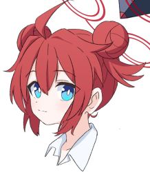 Rule 34 | 1girl, ahoge, blue archive, blue eyes, closed mouth, double bun, hair bun, halo, karon (karon cha), light blush, looking at viewer, maki (blue archive), portrait, red hair, short hair, sidelocks, solo, white background, wing collar