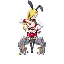 Rule 34 | 1girl, animal ears, blonde hair, blue eyes, breasts, card, cleavage, fake animal ears, fishnet legwear, fishnets, hair over one eye, holding, holding card, large breasts, long hair, midriff, navel, official art, overlord (maruyama), poker chip, rabbit ears, solution epsilon, tagme, transparent background