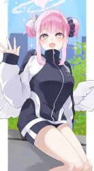 Rule 34 | 1girl, absurdres, angel wings, black jacket, blue archive, blush, chankuro, double bun, feathered wings, flower, gradient eyes, gym uniform, hair bun, hair flower, hair ornament, halo, highres, jacket, long sleeves, looking at viewer, medium hair, mika (blue archive), multicolored eyes, open mouth, pink hair, pink halo, solo, thighs, wings, yellow eyes