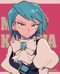 Rule 34 | 1girl, ace attorney, ascot, black vest, blue eyes, blue hair, breasts, closed mouth, earrings, franziska von karma, gem, highres, jewelry, juliet sleeves, long sleeves, looking at viewer, medium breasts, mole, mole under eye, nono (norabi), pink background, puffy sleeves, shirt, short hair, smile, solo, twitter username, upper body, vest, white shirt