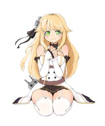 Rule 34 | 1girl, aurora (azur lane), azur lane, bare shoulders, belt, black ribbon, black skirt, blonde hair, blush, breasts, cleavage, closed mouth, detached sleeves, elflorri, full body, garter straps, green eyes, hair flaps, hair ribbon, highres, large breasts, long hair, long sleeves, looking at viewer, loose belt, miniskirt, own hands together, pleated skirt, ribbon, seiza, simple background, sitting, skirt, sleeves past wrists, smile, solo, thighhighs, transparent background, very long hair, white background, white thighhighs