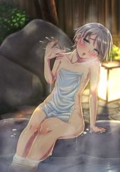 Rule 34 | 1boy, androgynous, areola slip, bulge, gender request, highres, male focus, nipple slip, nipples, onsen, partially submerged, silver hair, sweat, totsuka saika, towel, trap, wet