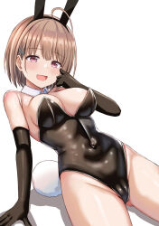 Rule 34 | 1girl, ahoge, animal ears, bare shoulders, black gloves, black leotard, blush, breasts, brown hair, cameltoe, cleavage, collar, covered navel, cowboy shot, elbow gloves, fake animal ears, fake tail, gloves, hair ornament, hairclip, harusaki nodoka, highres, hololive, large breasts, leotard, looking at viewer, nootomo, open mouth, playboy bunny, purple eyes, rabbit ears, rabbit tail, shiny clothes, short hair, simple background, sitting, smile, solo, tail, virtual youtuber, white background